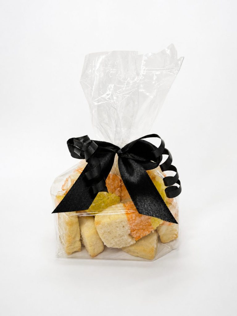 Shortbread wrapped in a cellophane bag tied with a black ribbon