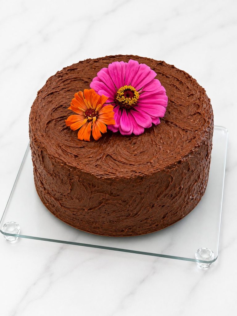 A textured chocolate buttercream cake topped with pink and orange zinnias