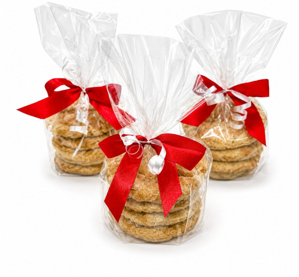 Stacks of cookies wrapped in cellophane and tied with red ribbon